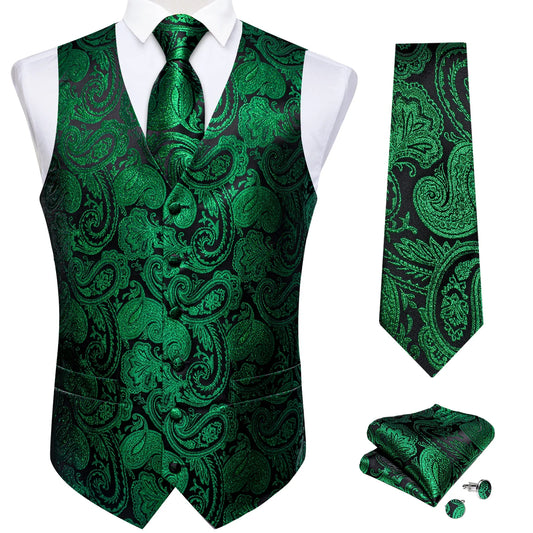 Luxury Green Paisley Solid Silk Suit Vest for Men Wedding Waistcoat Neck Tie Set Party Tuxedo Men Clothing DiBanGu