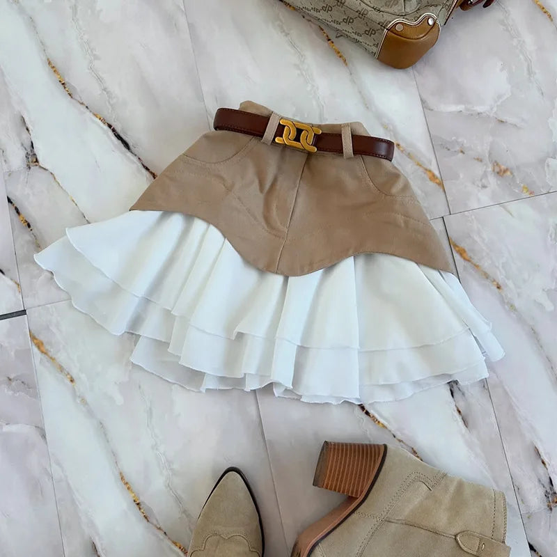 Denim Cake Skirt Women A Line Short Skirts High Waist Ruffles Elegant Splice Y2k Streetwear Party Pleated Slim Fit 2025 Spring