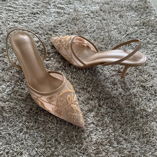 Fashion Sandals Women String Bead High Heels Mules Shoes Pointed Toe Slingback Slippers Women Zapatos De Mujer