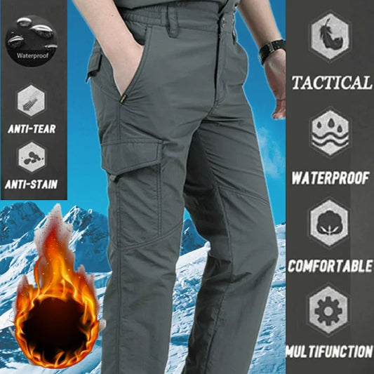 New Tactical Pants Men Winter Outdoor Work Casual Cargo Trousers Waterproof Fleece-lined Pants Elastic Hiking Traveling Workwear
