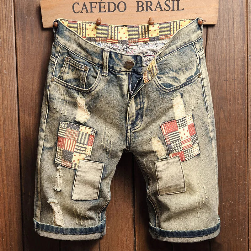 Men's Denim Shorts Retro Distressed Style Trendy Five Quarter Pants Spring and Summer Youth Light Blue
