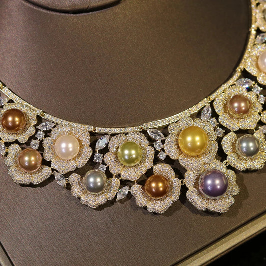 High Quality Zircon Pearls Jewelry sets Luxury Designer Flower Necklace Women Sparkling Dubai Bridal Party Costume Accessories