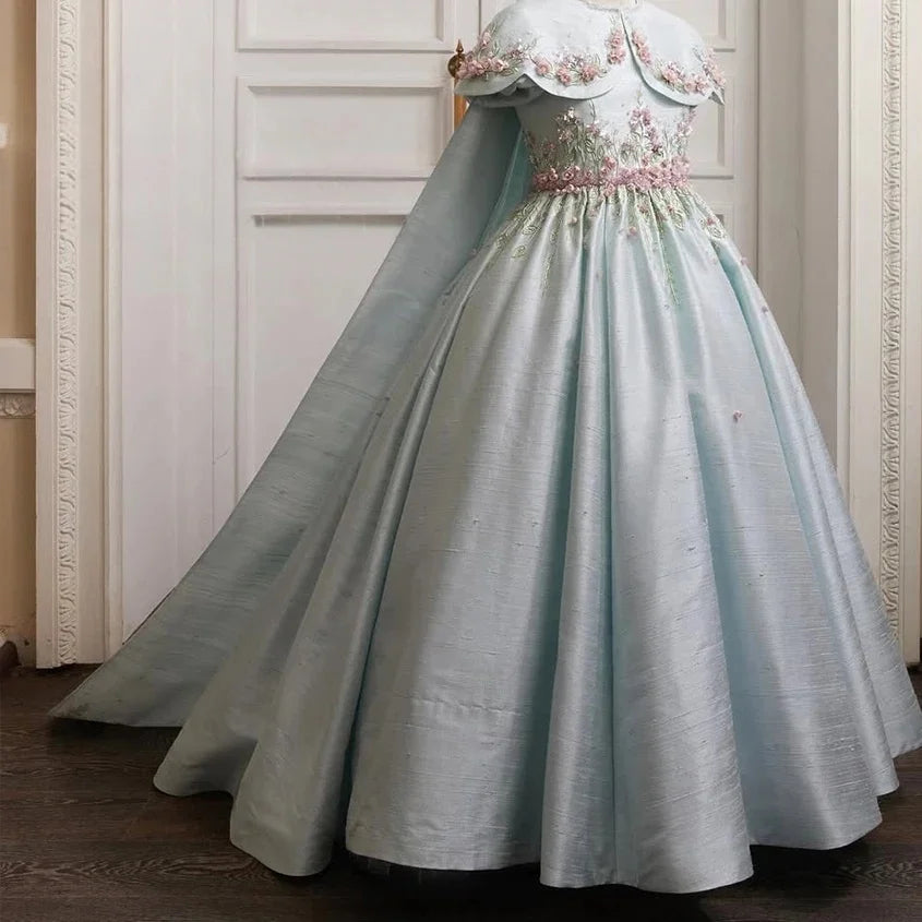 Custom Capelet 3D Floral Embroidery Flower Girl Dress For Wedding Birthday Party Pageant Gown Kids Formal Long Ball Gown With