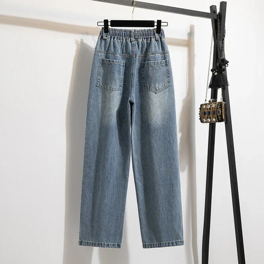 High Waist Wide Leg Cotton Denim Dstring Loose Fit Women's Autumn 2024 Slimming Effect Pure Cotton Casual Trousers
