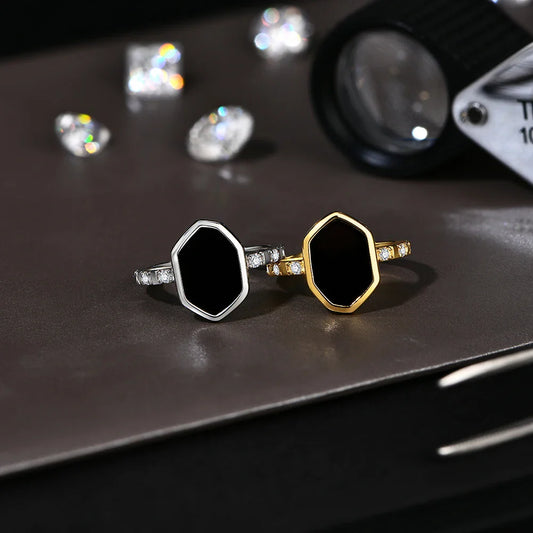 Bagues hexagonales en onyx noir pour femmes et hommes, avec moissanite latérale, en argent S925 plaqué or blanc 18 carats, bijoux de fête quotidiens, cadeaux