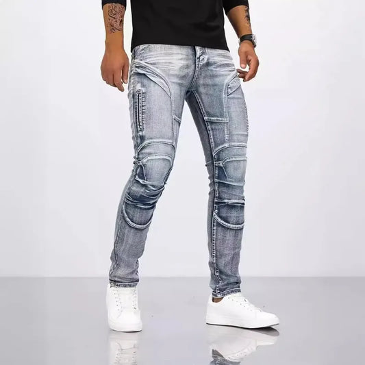 Two tone distressed patchwork jeans for men trendy jeans for summer thin straight leg pants slim fit small leg distressed jeans