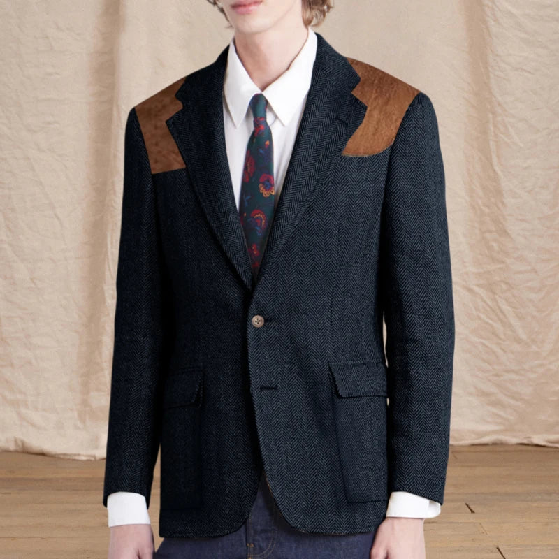 Vintage Men's Herringbone Tweed Blazer Suede Shoulder Patch Notch Lapel Slim Fit Jacket Casual Business Suit Sport Coat for Men