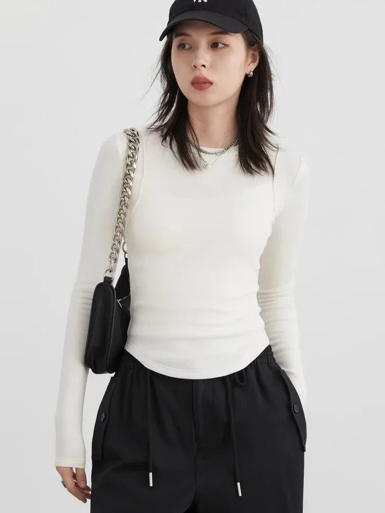 Women T-Shirts Solid New Basic Heating Cashmere Round Neck Woman Tees Slim Fit Female Tops Spring Autumn 2024