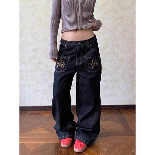 Women Chic Baggy Embroidery Jeans Grunge Japanese Low Rise Y2K Denim Pants 2000s Aesthetic Harajuku Abi Grunge Cyber Punk