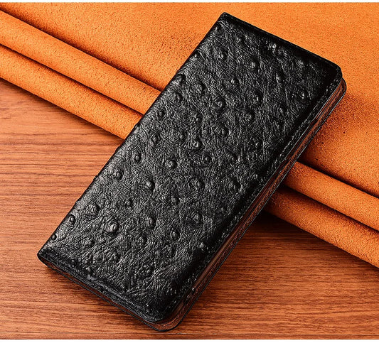 جراب محفظة جلد طبيعي قابل للطي OstrichPoint لهواتف آيفون 7 8 بلس X XS XR 11 12 13 14 15 16 برو ميني SE 2020 ماكس فوندا