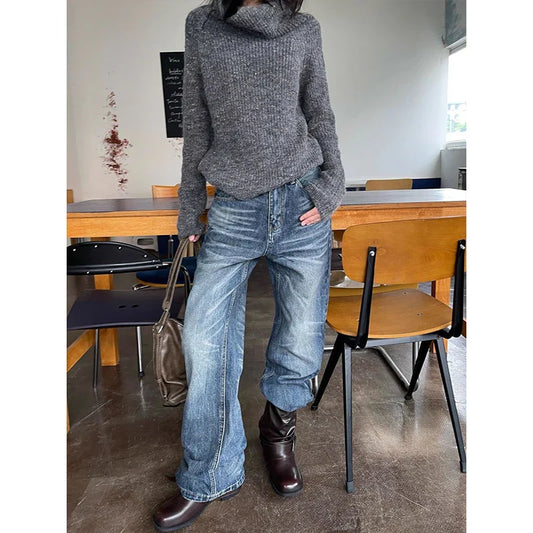 Blue Straight Leg Slim Fit Jeans Women's American Retro Casual Cotton Denim Pants Youth Stand Fit Jeans