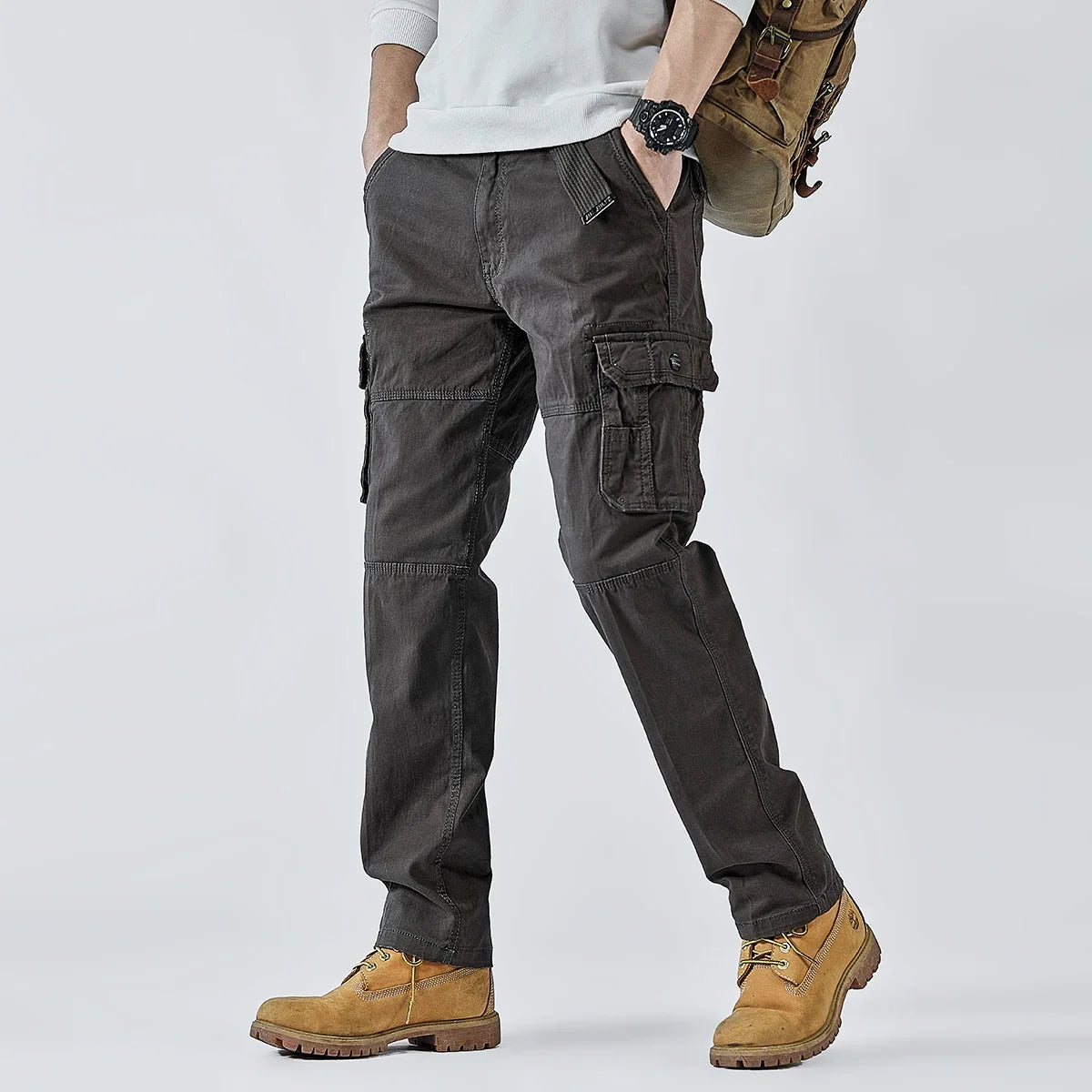 2026 Men's Cargo Pants Straight Leg Cotton Stretch Tactical Trouser Male Military Outdoor Camping Fishing Casual Work Wear Khaki