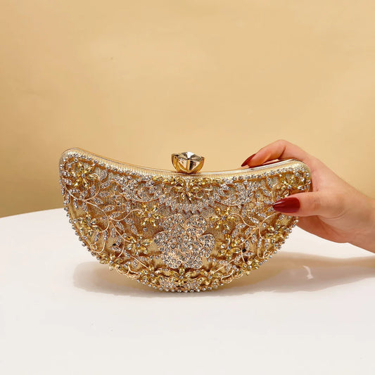Moon Design Women Clutch Bags Rhinestones Hollow Out Style Crystal Purple Color Evening Bags Ladies Acrylic Golden Metal Glitter