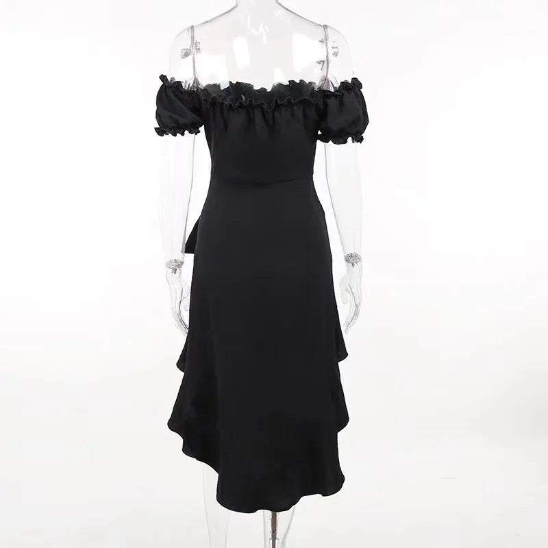 Summer Black A-LINE Dress Women Streetwear Sexy Off Shoulder Short Sleeves Ruffled Mid Length Dresses Club Elegant Partywear