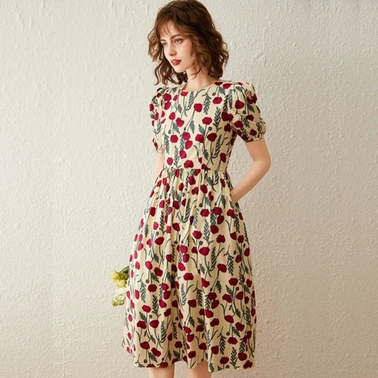 French Floral Print Dress Women 2026 Summer Round Neck Puff Sleeve Fitted Long Dress Casual Streetwear Outfits