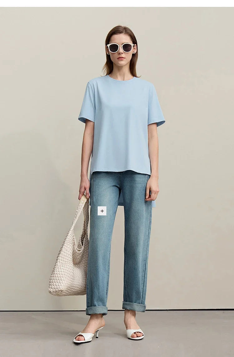 T-shirt Women 2026 Summer New O-Neck Side Slit Cotton Tee Embroidered Letter Lace Accent Women's Short Sleeve Tee 12652029