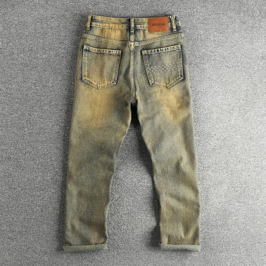 Do old wash retro American trend jeans men's catwhiskers embroidery craft comfortable straight leg casual pants