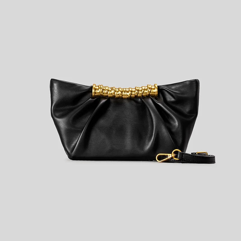 Elegant Ruched Hobos Clucth Bag Luxury Designer Metal Handle Women Handbags Soft Pu Leather Shoulder Crossbody Bags Party Purses