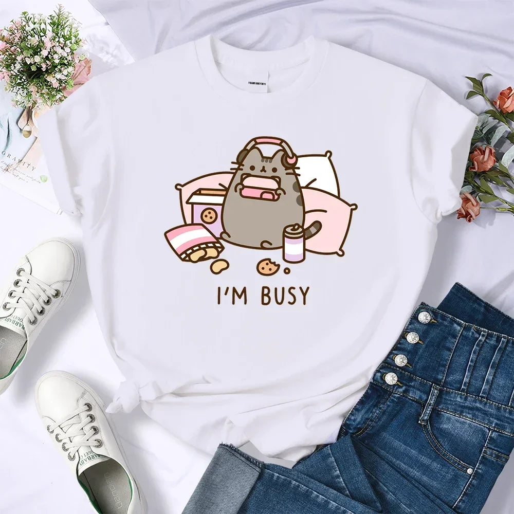 Sorry I'm Busy Cat Playing Games with Headphones T Shirt Female New T-shirts New Street Tops Summer Sleeved Harajuku Streetwear