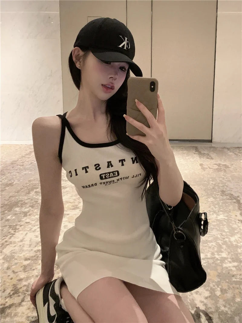 Sexy Spicy Girl Letter Print Knitted ort Dr with Belt Slimming Summer New Arrival Korean Sle A-Line Skirt without Sve