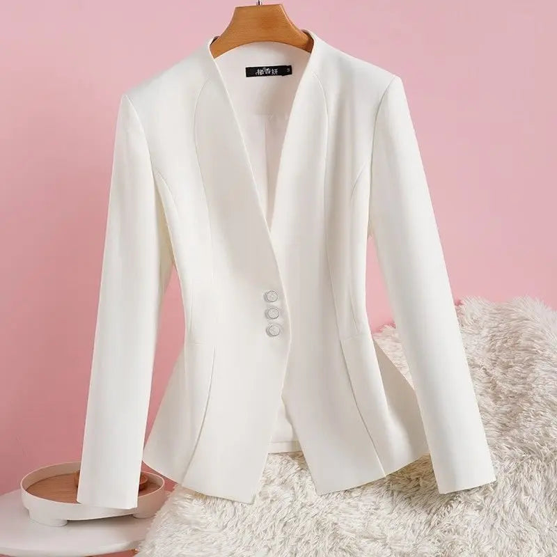 2026 New Short Little Blazer Coat Female Spring Autumn Fashion Collarless Suit Jacket Woman White Outerwear Slim V-neck Outcoat