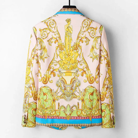 2024 New Luxury Brand Gold Baroque Print Blazer Slim Fit Men Blazer Stage Cloth Social Party Wedding Dress Male Gold Suit Jacket
