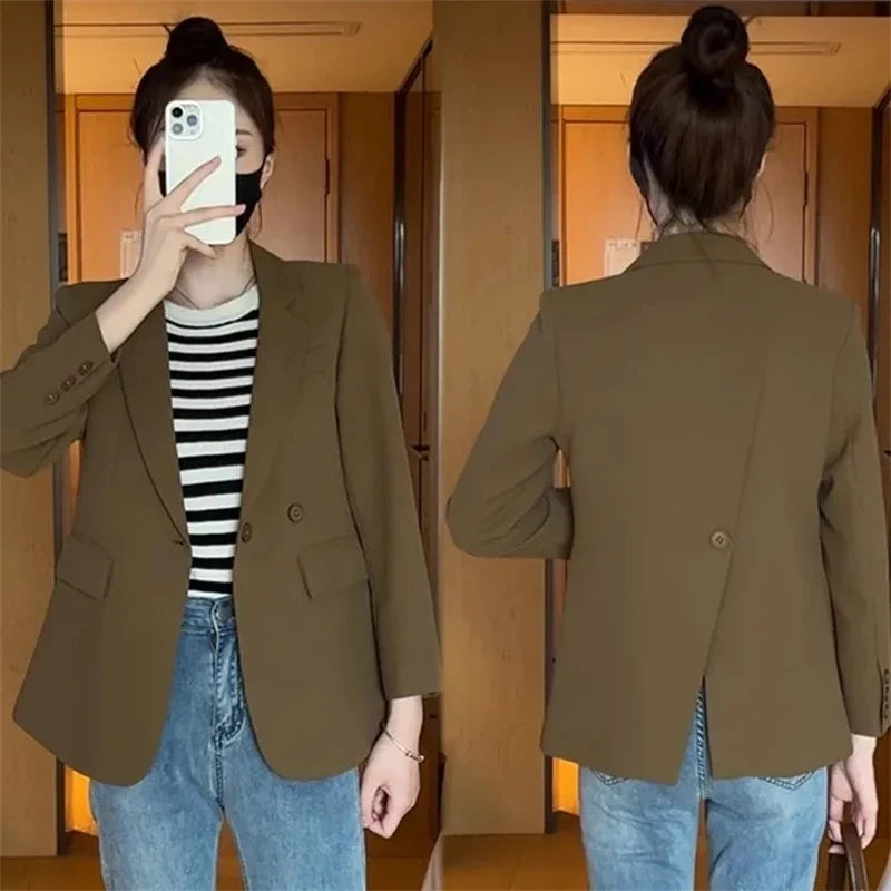 Suit Jacket Spring 2025 New Women Blazers Casual Notched Female Chic Coat Slim One Button Temperament Suit Coats Khaki Outwear