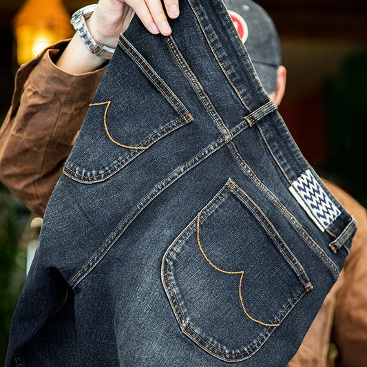 Vintage 11.5oz Denim Washed Straight Jeans for Men Casual YKK Zipper Pants with Pockets Ethnic Design Plus Size Trousers