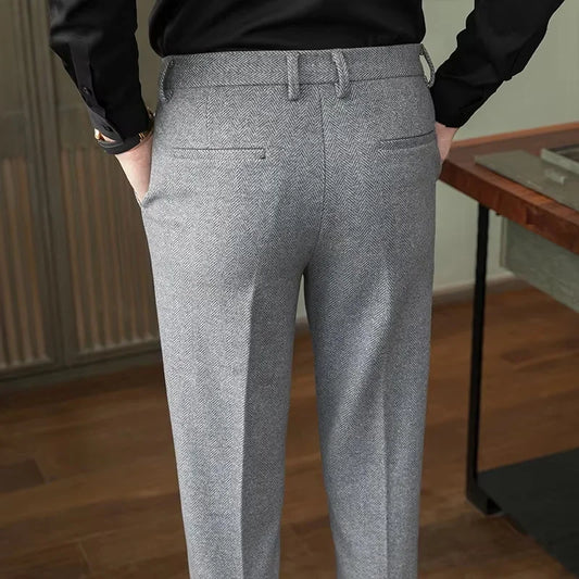 Autumn Winter Man Elastic Pants Herringbone Straight Leg Trousers Knitted Business Casual Banquet Men's Suit Pants