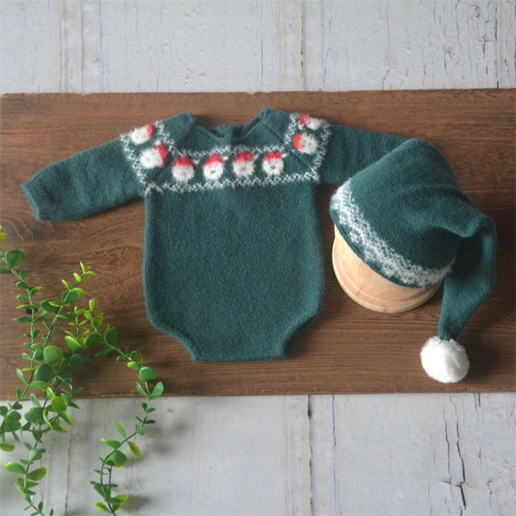 Christmas Baby Clothing Newborn Boy Girl Photography Santa Claus Costumes Sets Green Knitted Romper Stockings Hat 3pcs for Xmas