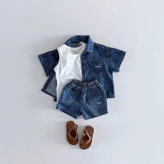 TZ2638 Korean Style Baby Boys Girls Short Sleeve Denim Shirt Shorts Set Summer Fashionable Cute Two-Piece Outfit for Toddlers