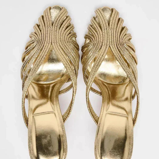 Gold Luxury Thin Heel Slippers Women Dress Shoes Summer New 2025 Hollow Beach Shoes Slides Designer Brand Sandals Ladies Pumps