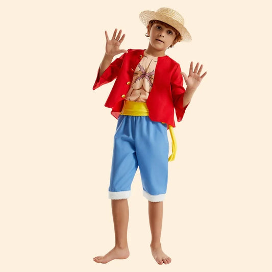 Luffy Cosplay Costume Anime Piece Coat Pants Hat for Kids Children Beach Clothing Halloween Carnival Party Role Play Suit
