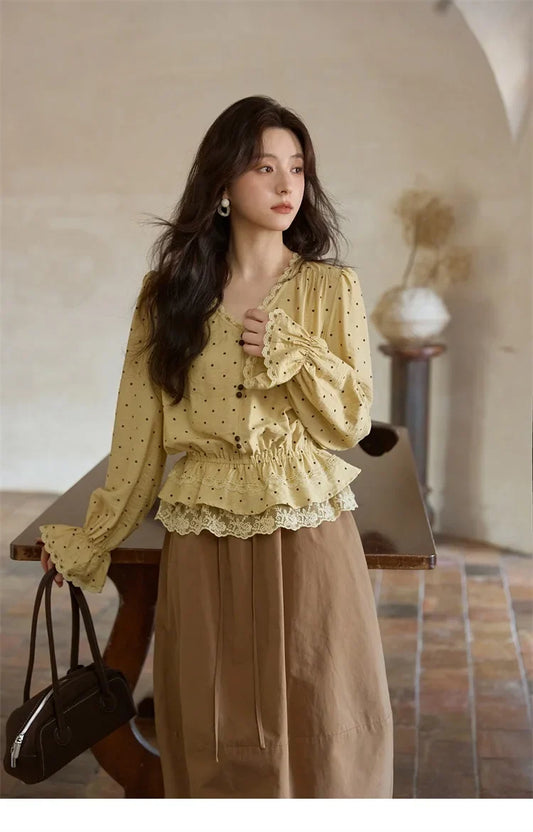 Autumn Yellow Polka Dot Linen Blouse 2025 Autumn Lace V-neck Commuter Top Flare Sleeve Elastic Waist Shirts MXE42X1975