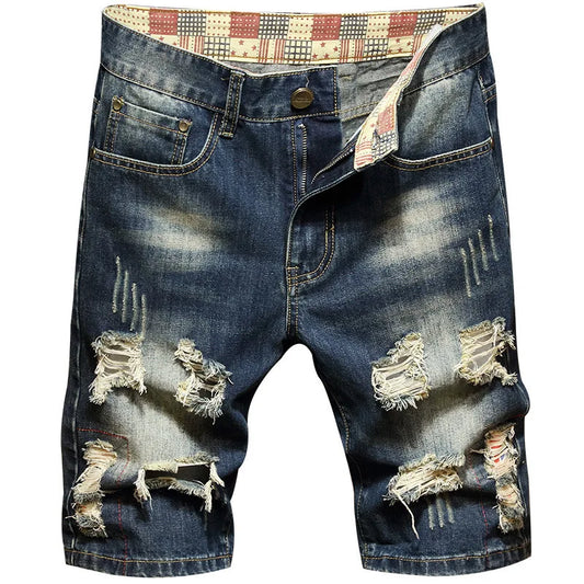 Men's Denim Shorts Retro Distressed Style Trendy Five Quarter Pants Spring and Summer Youth Light Blue