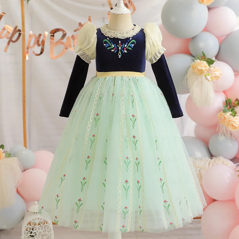 Girls' Summer Anna Frozen Baby Dress Child Green Dress Up Halloween Costume for Kids Princess Party Cosplay Dresses 2 to 8 Years