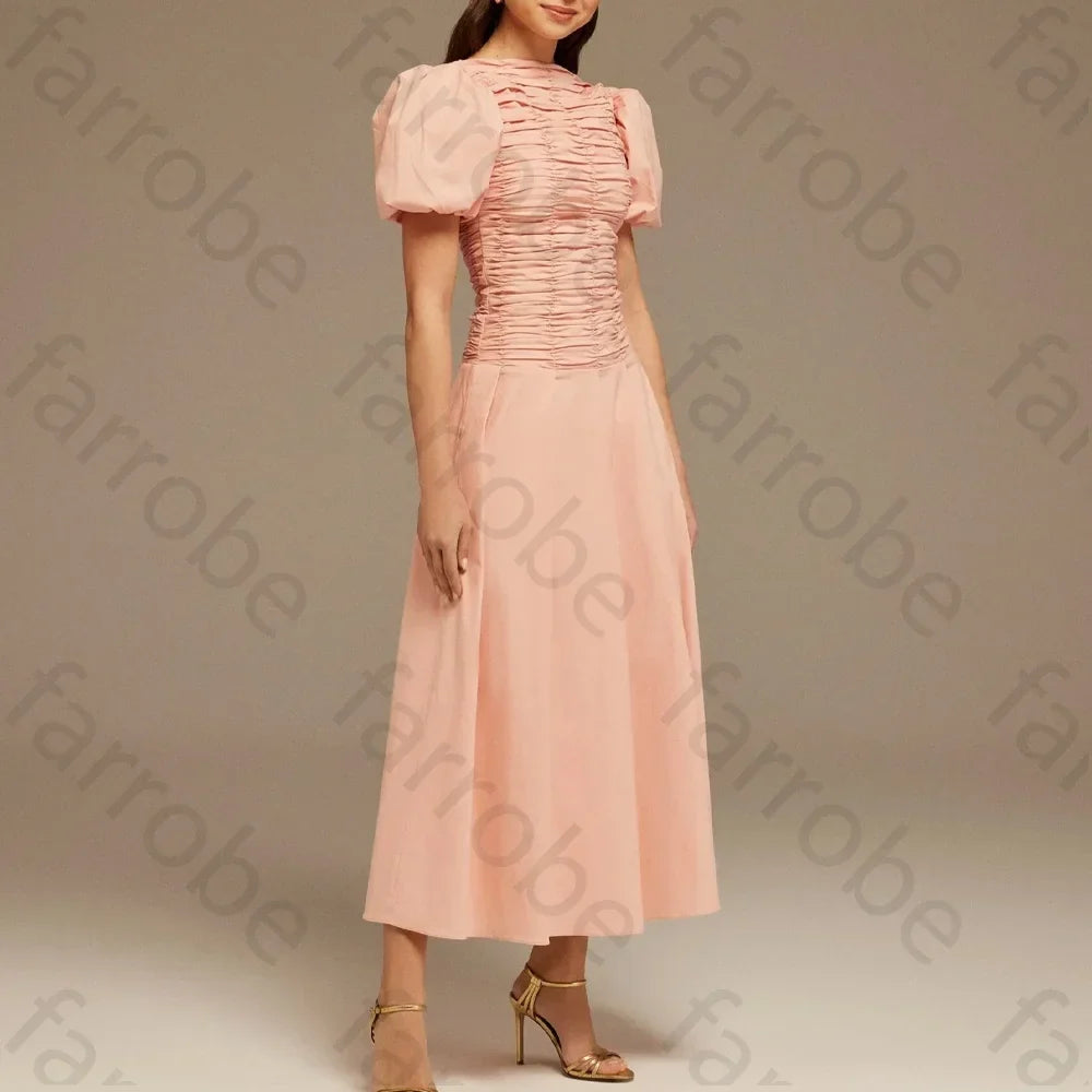Customize Draped Top Short Sleeve Midi Dress A-Line Evening Dresses Formal Exquisite High Quality Prom Party Gowns for Women