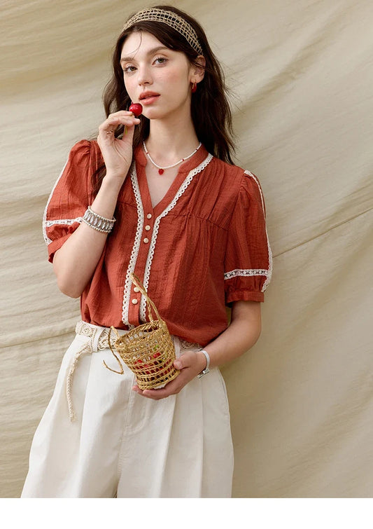 French New Blouses Women Summer New 2025 Short Sleeve V-neck Color Matching Shirts Female Fashion Lazy Style MXE31X1766
