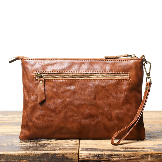 Timeless Vintage Leather Clutch Wallet - Luxurious Genuine Leather, Secure Zipper, Stylish Wristlet for Women