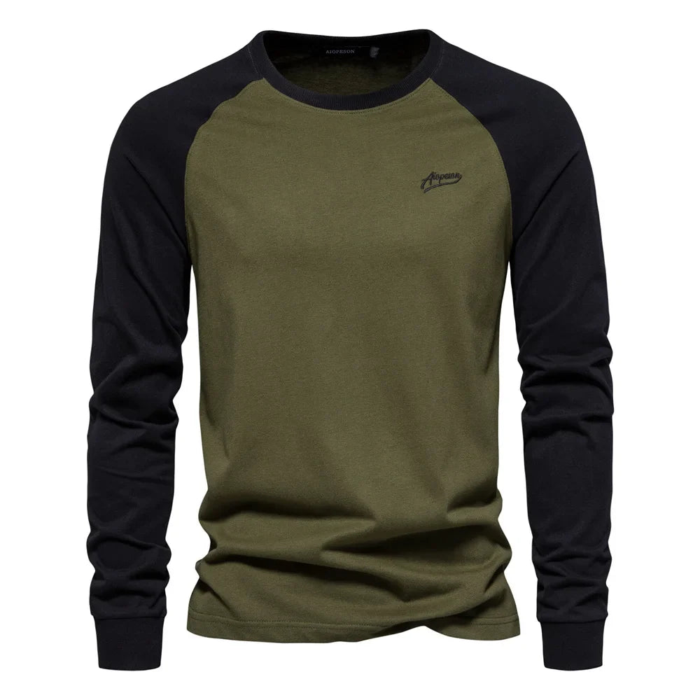 T-shirts 100% Cotton Long Sleeve O-neck Pactwork Casual T shirts for Men New Spring Designer Tees Men Clothing