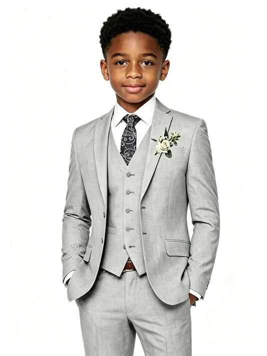 Grey Boys Linen Suit Set 4 Pieces Summer Beach Wedding Wear Elegant Handsome Tuxedo For Kids Birthday Party New Slim Fit Suits