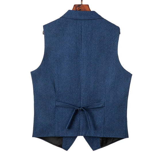 Men Vest Blue Herringbone Single Button With Lapel Waistcoat For Wedding Birthday Banquet Party Business Work Men Suit Vest