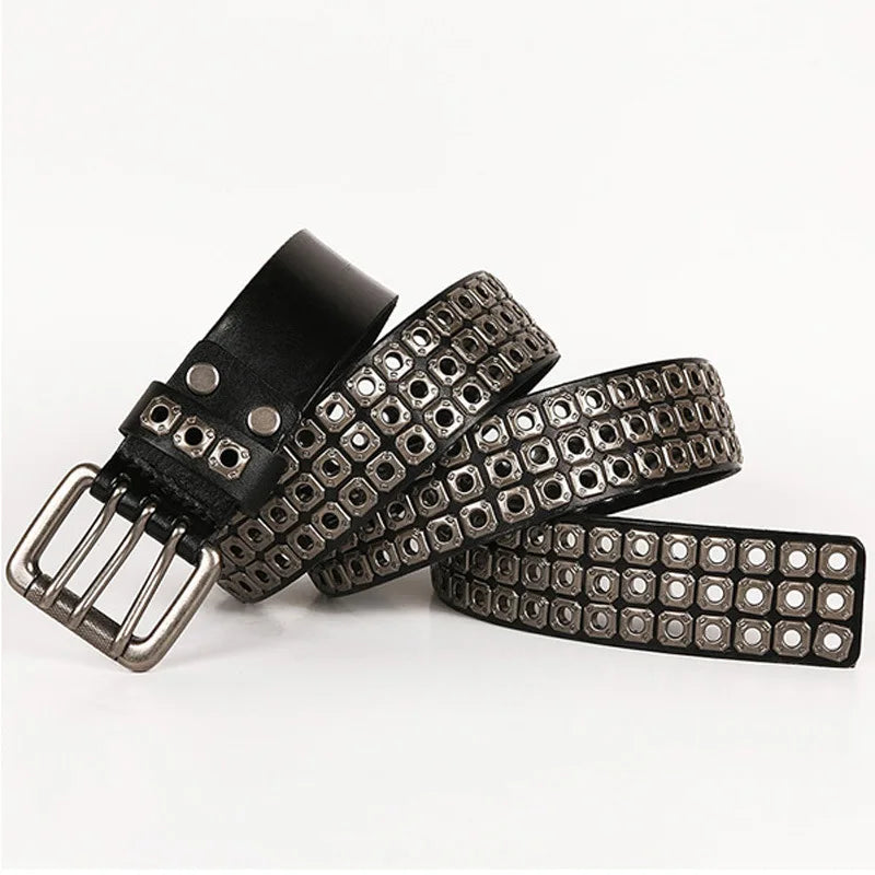 3 Needles Heavy Metal Cowboy Punk Belt Real Genuine Leather Hip Hop Belts Men Cross Square Rivet Jeans Belt Male Strap Studded