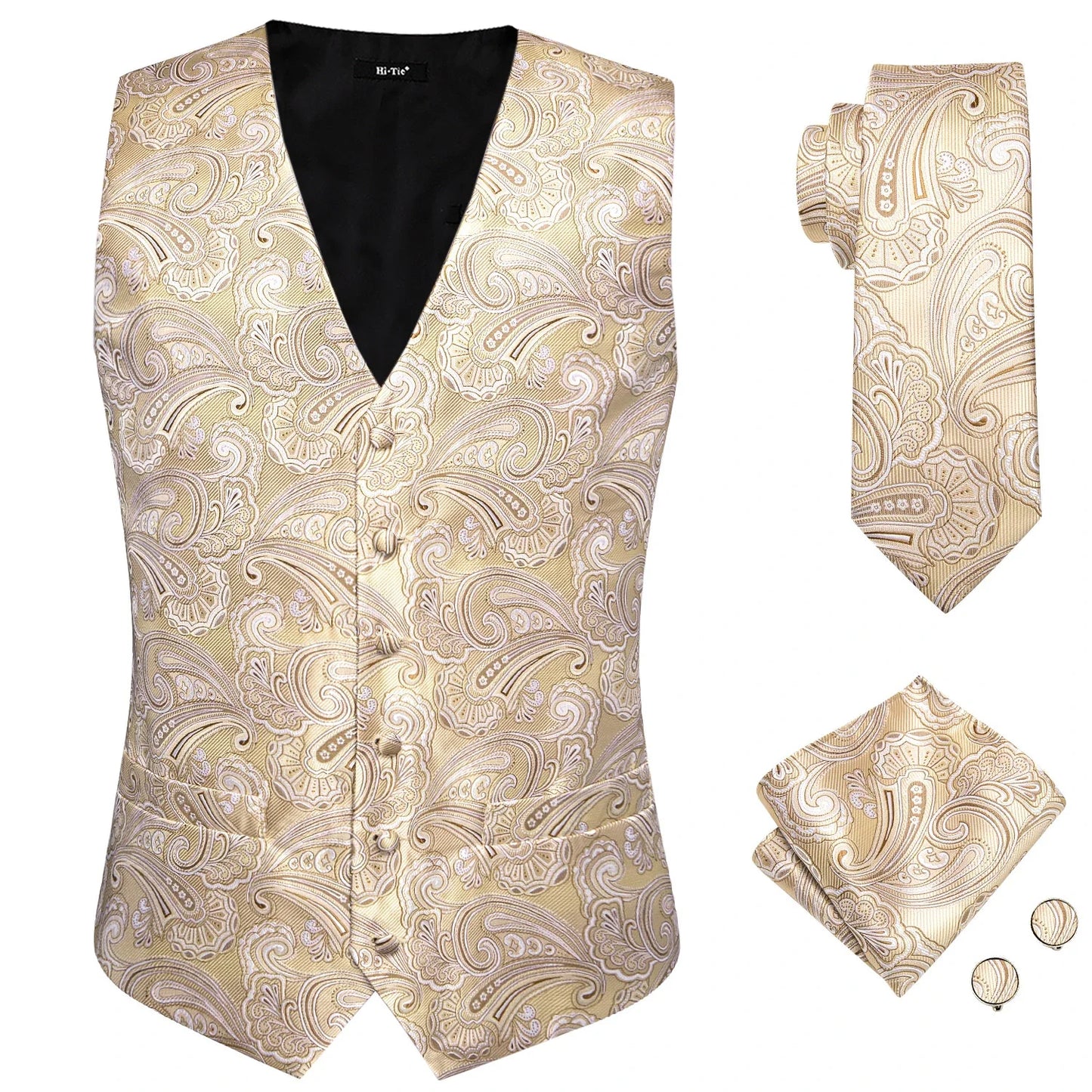 Designer Beige Champagne Ivory Khaki Mens Vest Necktie Set Jacquard Waistcoat Jacket Tie Hankerchief Cufflinks for Men Gift