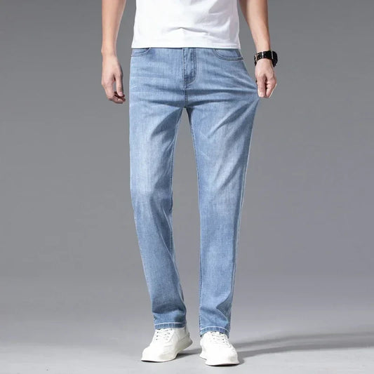 2024 Men's New Autumn Straight Casual Jeans Light Blue Classic Breathable Comfortable No Ironing Stretch Denim Trousers Male