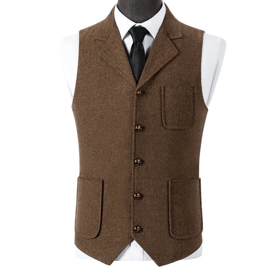 Men Vest Brown Herringbone With Lapel Waistcoat For Wedding Groom Banquet Business Casual Work Men Suit Vest