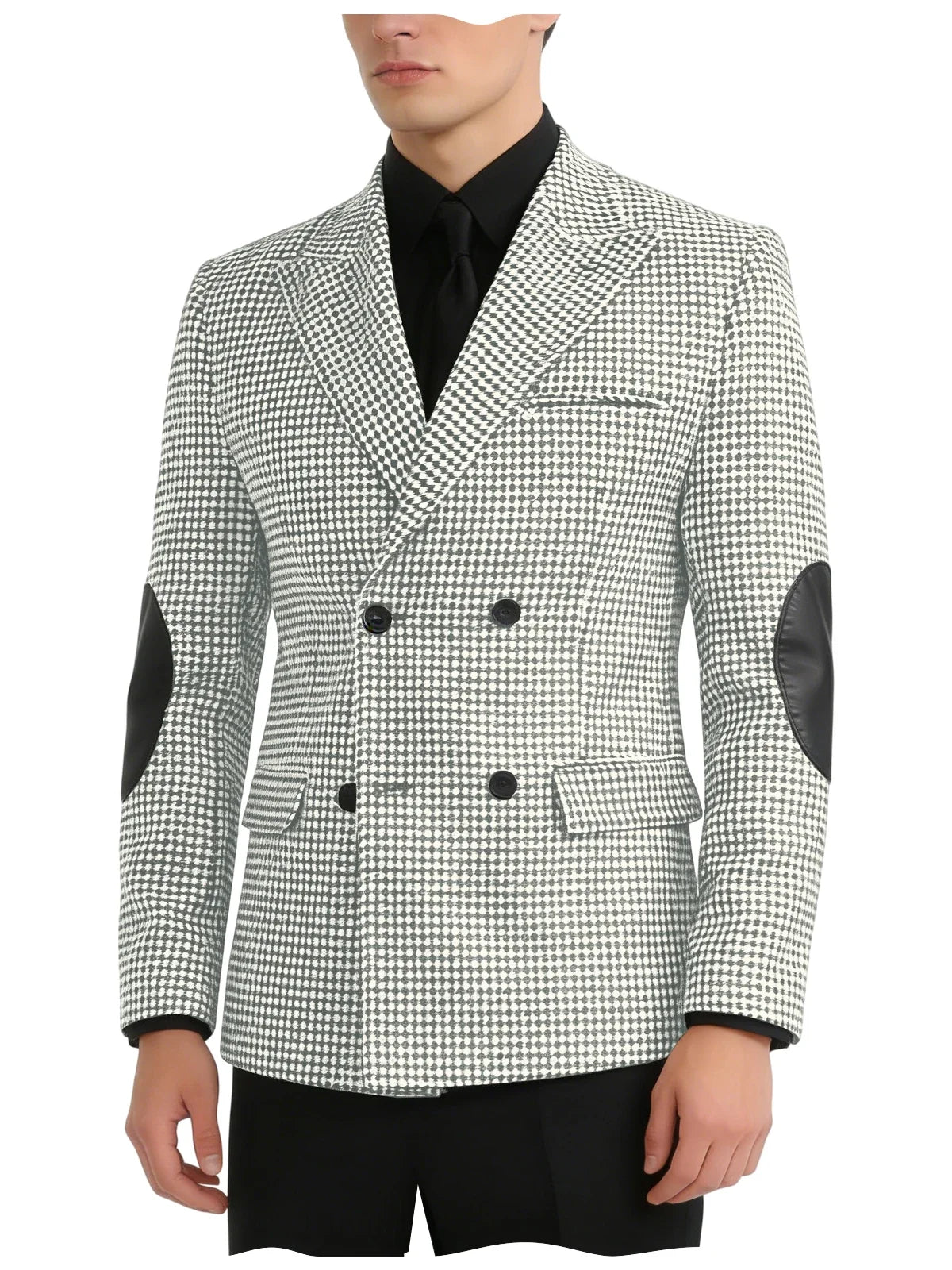 Men's Vintage Houndstooth Blazer Notch Lapel Leather Elbow Patches Slim Fit Jacket Business Casual Sport Coat For Spring Autumn