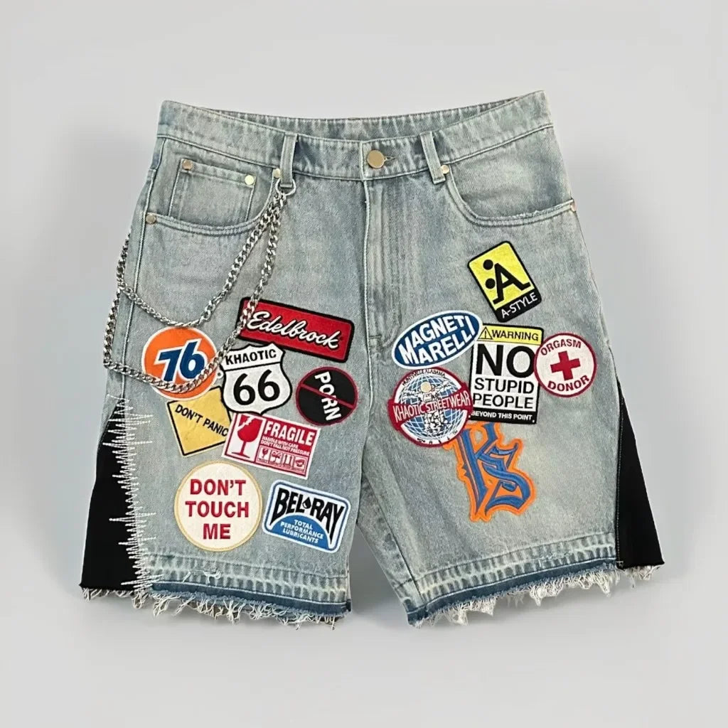 Hip Hop Camouflage Letter Embroidery Loose Fit Five Pocket Mens Streetwear Short Pants Cotton Denim Patchwork Women Shorts