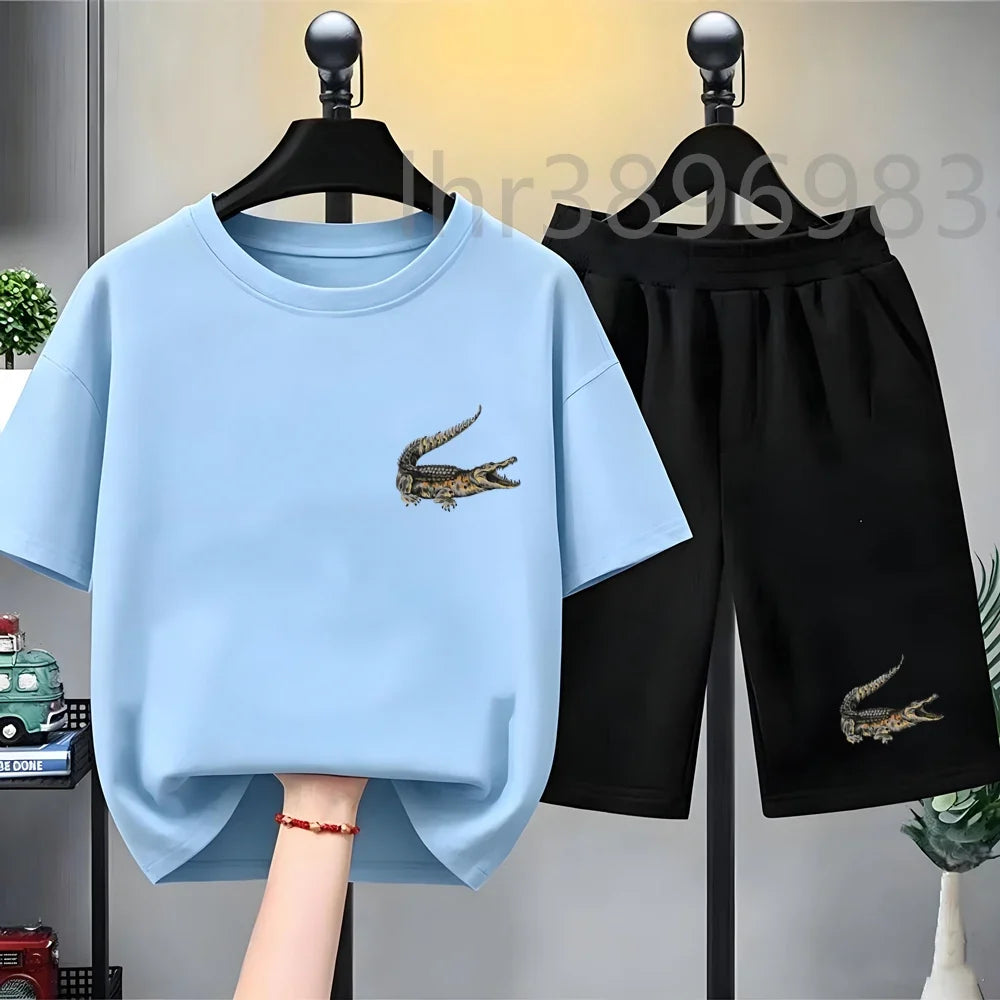 Summer Tees African crocodile print Set Suitable Children Short Sleeve Age 3-12 Girls boy Set Tshirt+Shorts 2pcs Kids clothing