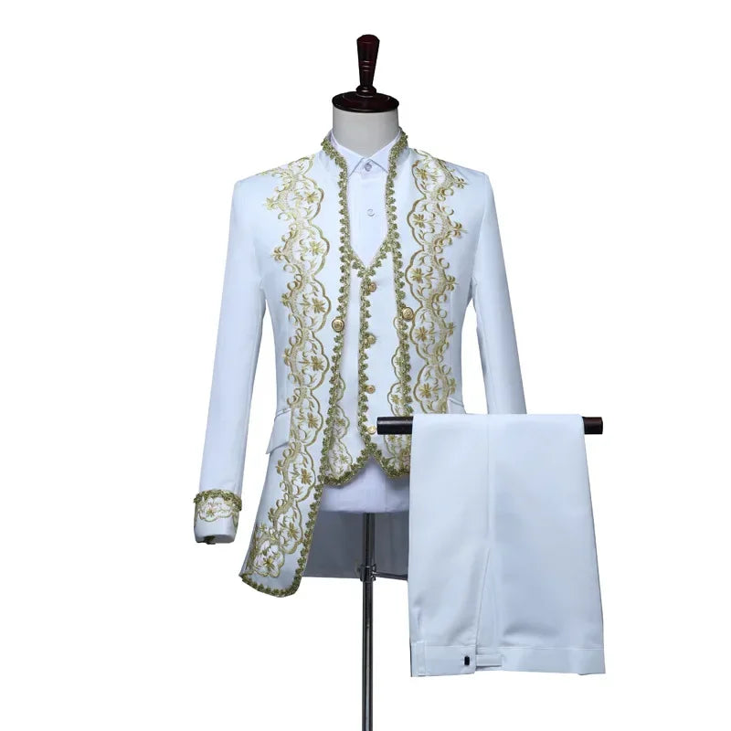European Gold-encrusted Vintage Court Tuxedo Men's Stand-up Collar Embroidered Suit Three-piece Set Opera House, Stage Costumes